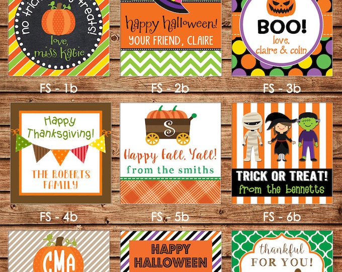 24 Square Personalized Halloween Fall Thanksgiving Enclosure Cards, Gift Stickers, Gift Tags