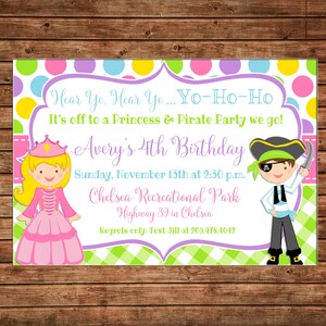 Boy or Girl Invitation Princess and Pirate Birthday Party Can personalize colors /wording Printable File or Printed Cards image 1