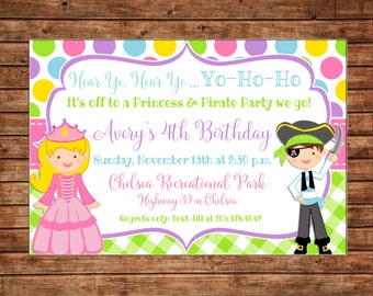 Boy or Girl Invitation Princess and Pirate Birthday Party - Can personalize colors /wording - Printable File or Printed Cards