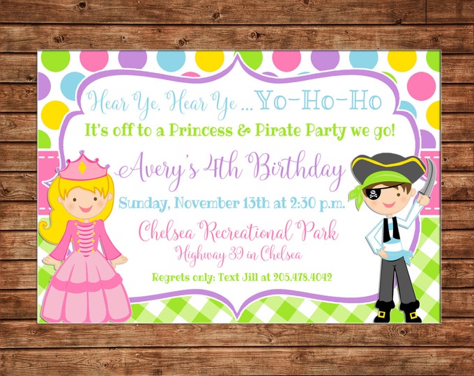 Boy or Girl Invitation Princess and Pirate Birthday Party - Can personalize colors /wording - Printable File or Printed Cards