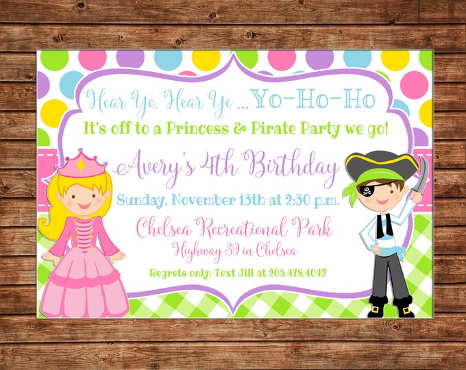 Boy or Girl Invitation Princess and Pirate Birthday Party - Can personalize colors /wording - Printable File or Printed Cards