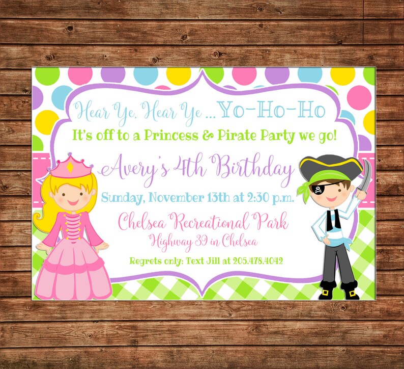 Boy or Girl Invitation Princess and Pirate Birthday Party Can personalize colors /wording Printable File or Printed Cards image 1