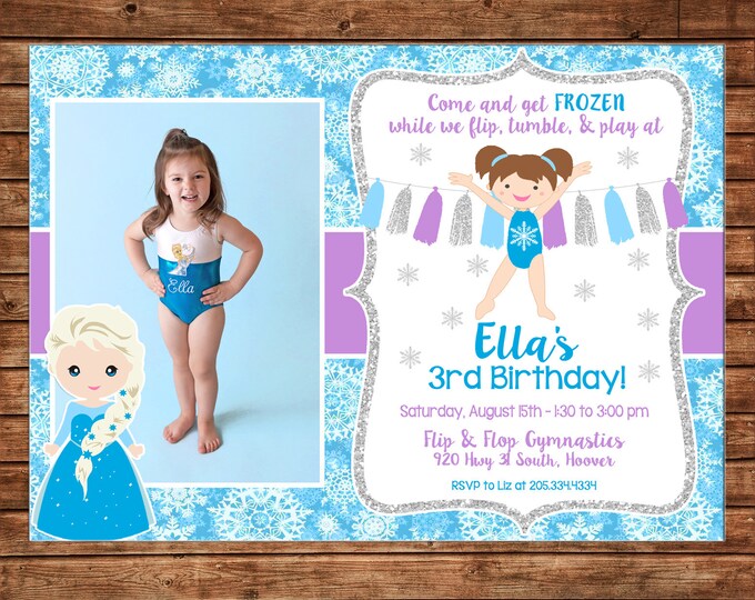 Girl Photo Gymnastics Invitation Snowflake Ice Princess Birthday Party - Can personalize colors /wording - Printable File or Printed Cards