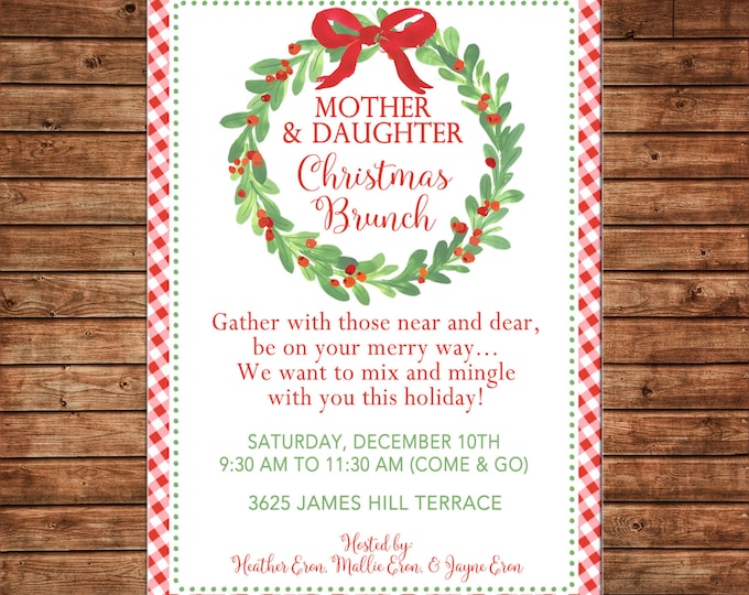 Christmas Invitation Watercolor Wreath Gingham Brunch Shower Party - Can personalize colors /wording - Printable File or Printed Cards