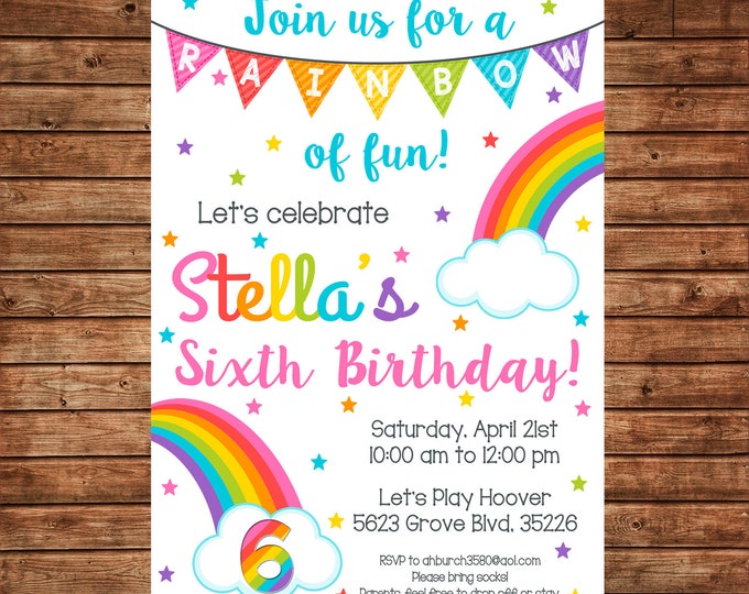 Girl Invitation Rainbow Colorful Clouds Stars Birthday Party - Can personalize colors /wording - Printable File or Printed Cards