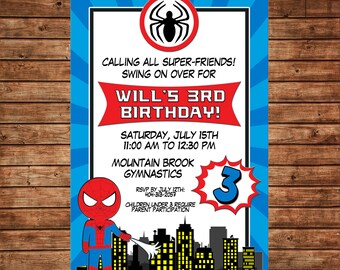 Boy Invitation Superhero Super Hero Spider Birthday Party - Can personalize colors /wording - Printable File or Printed Cards