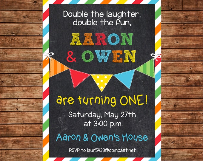 Boy or Girl Invitation Twins Siblings Gender Neutral Birthday Party - Can personalize colors /wording - Printable File or Printed Cards