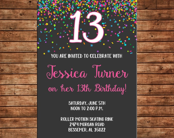 Girl Invitation Bright Confetti 12th 13th 14th 15th 16th Birthday Party - Can personalize colors /wording - Printable File or Printed Cards