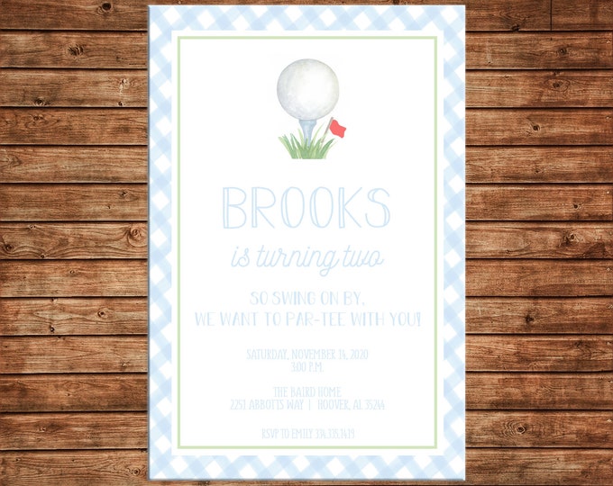 Boy Invitation Watercolor Golf Ball Gingham Preppy Birthday Party - Can personalize colors /wording - Printable File or Printed Cards