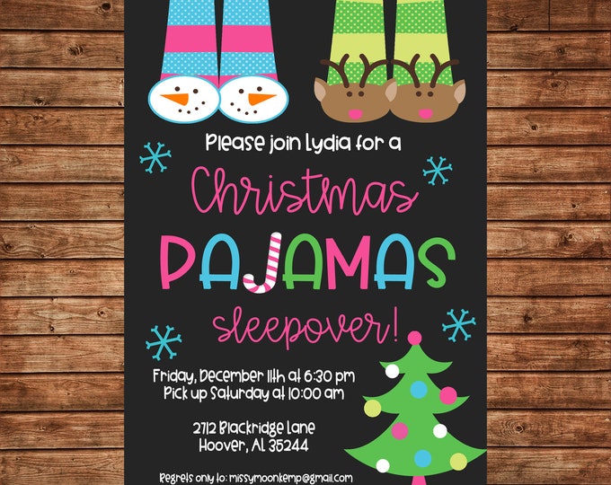 Boy or Girl Invitation Christmas Pajamas and Pancakes Birthday Party - Can personalize colors /wording - Printable File or Printed Cards