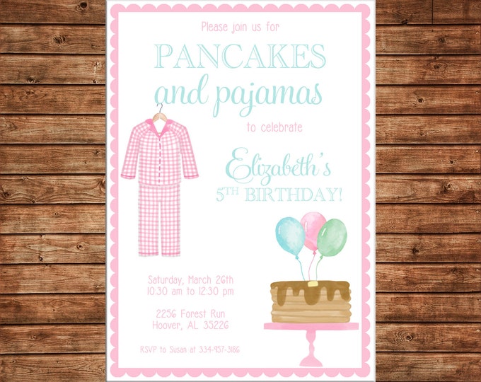 Girl Invitation Watercolor Pancakes Pajamas Birthday Party - Can personalize colors /wording - Printable File or Printed Cards