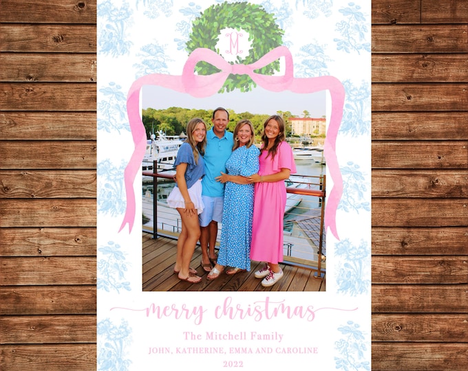 Christmas Holiday Photo Card Monogram Blue Chinoiserie Pink Ribbon  - Can Personalize - Printable File