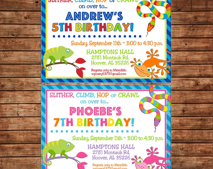 Boy or Girl Invitation Reptile Snake Lizard Birthday Party - Can personalize colors /wording - Printable File or Printed Cards