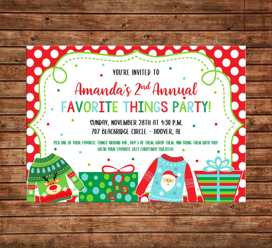 Christmas Invitation Favorite Things Ugly Sweater Dirty Santa Party Can