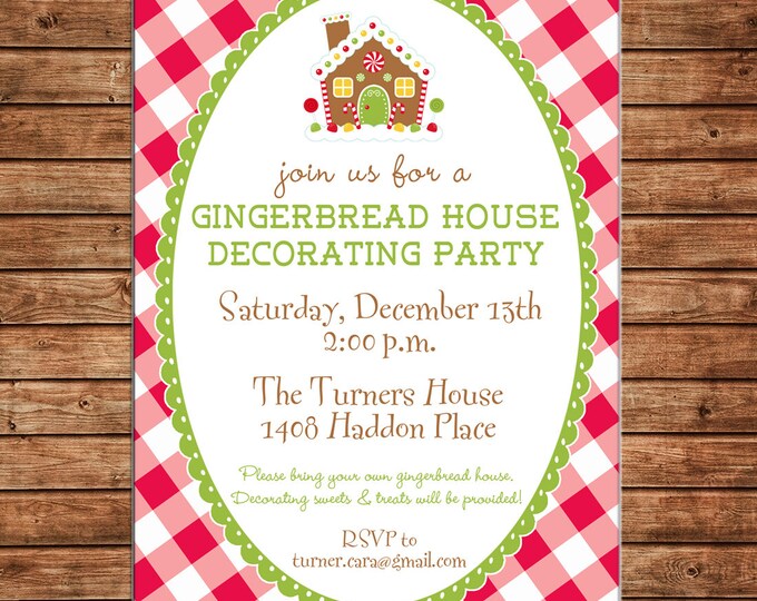 Christmas Invitation Gingerbread House Decorating Party - Can personalize colors /wording - Printable File or Printed Cards