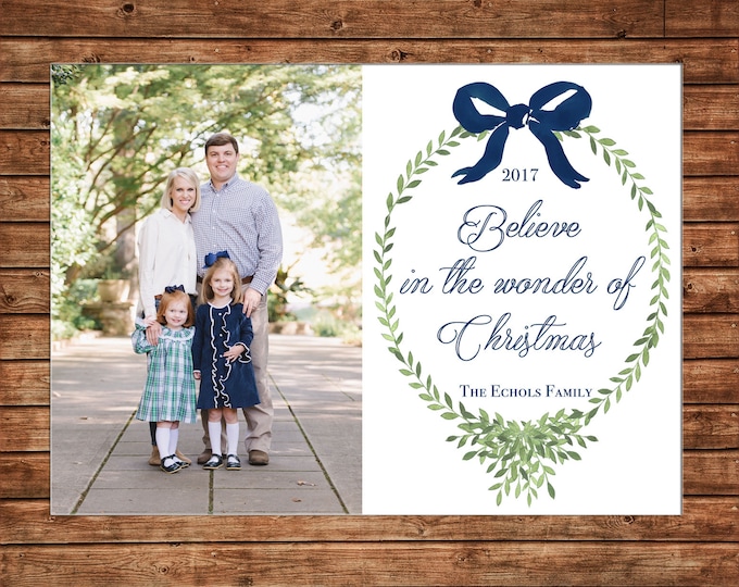 Christmas Holiday Photo Card Watercolor Wreath Bow Navy Elegant - Can Personalize - Printable File