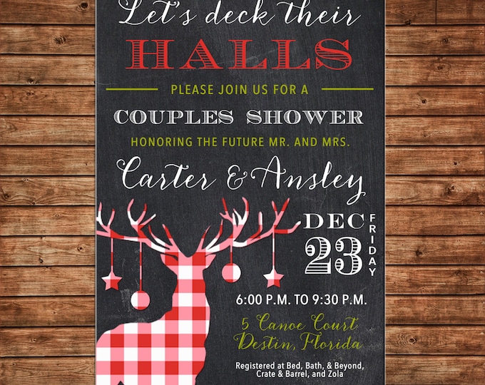 Wedding Invitation Chalkboard Gingham Deck Their Halls Shower Party - Can personalize colors /wording - Printable File or Printed Cards