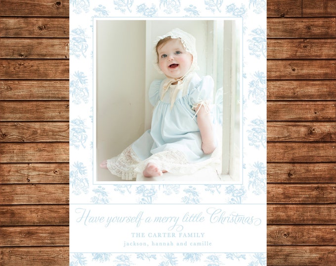 Christmas Holiday Photo Card Baby Blue Chinoiserie  - Can Personalize - Printable File