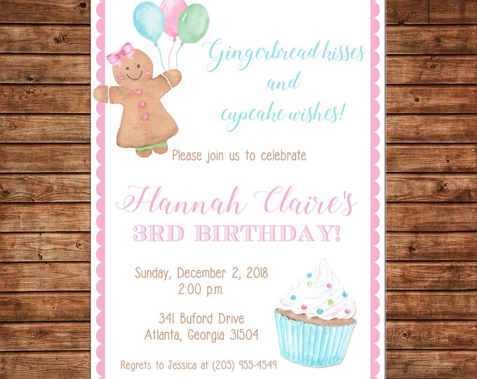 Watercolor Gingerbread Cookie Christmas Cupcake Birthday Invitation  - Can personalize colors /wording - Printable File or Printed Cards