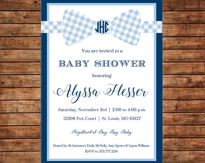 Boy Invitation Monogram Bowtie Baby Shower Birthday Party - Can personalize colors /wording - Printable File or Printed Cards