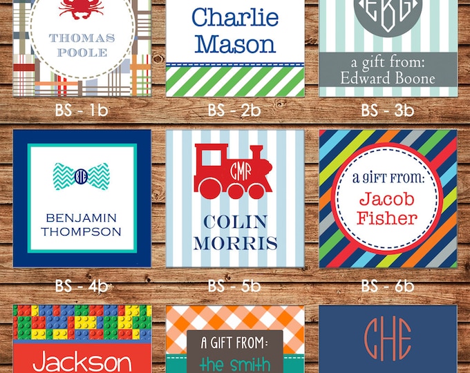 24 Square Personalized Boy Enclosure Cards, Gift Stickers, Gift Tags