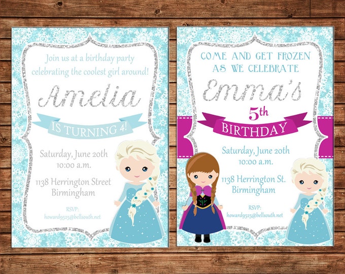 Girl Invitation Snowflake Snow Ice Princess Birthday Party - Can personalize colors /wording - Printable File or Printed Cards