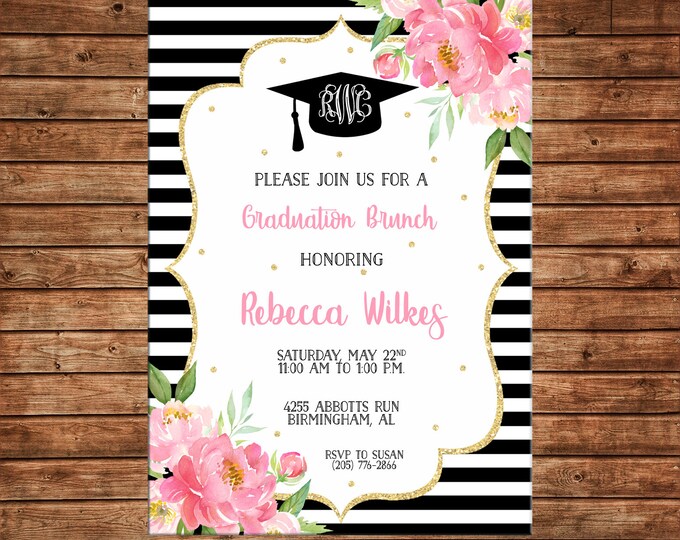 Girl Invitation Graduation Party Brunch Watercolor Flowers - Can personalize colors /wording - Printable File or Printed Cards