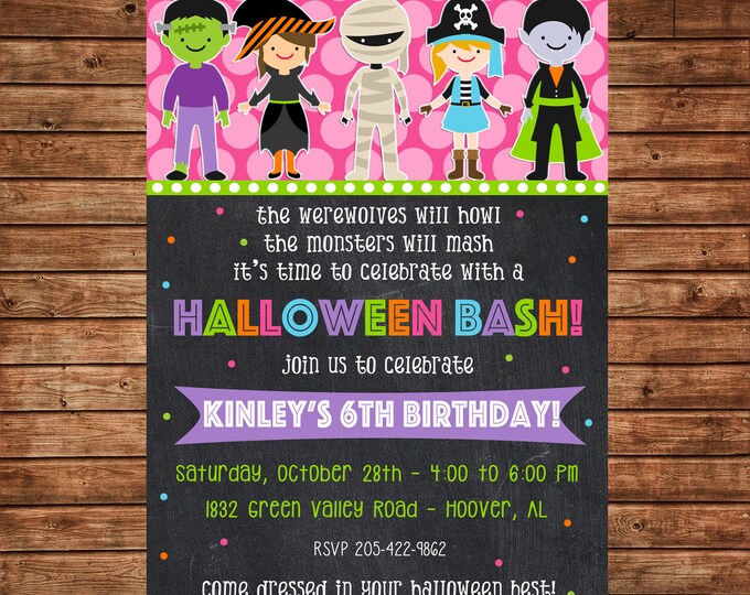 Girl Invitation Halloween Costume Trick or Treat Birthday Party - Can personalize colors /wording - Printable File or Printed Cards