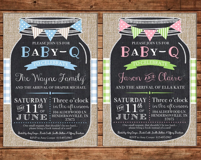 Boy or Girl Invitation Baby Q Mason Jar Burlap Gingham Shower Party - Can personalize colors /wording - Printable File or Printed Cards