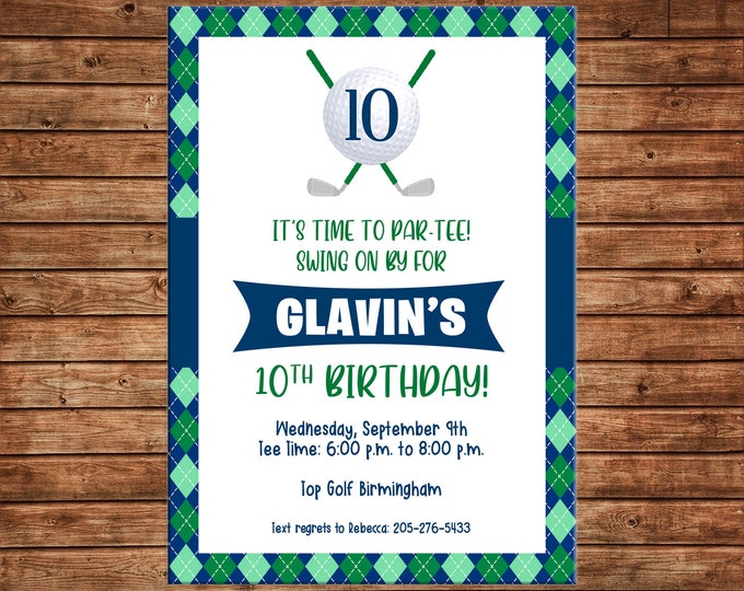 Boy Invitation Monogram Golf Ball Gingham Preppy Birthday Party - Can personalize colors /wording - Printable File or Printed Cards