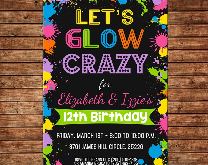 Boy or Girl Invitation Neon Glow Tween Birthday Party - Can personalize colors /wording - Printable File or Printed Cards