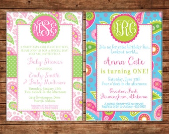 Girl Invitation Paisley Monogram Baby Shower Birthday Party - Can personalize colors /wording - Printable File or Printed Cards