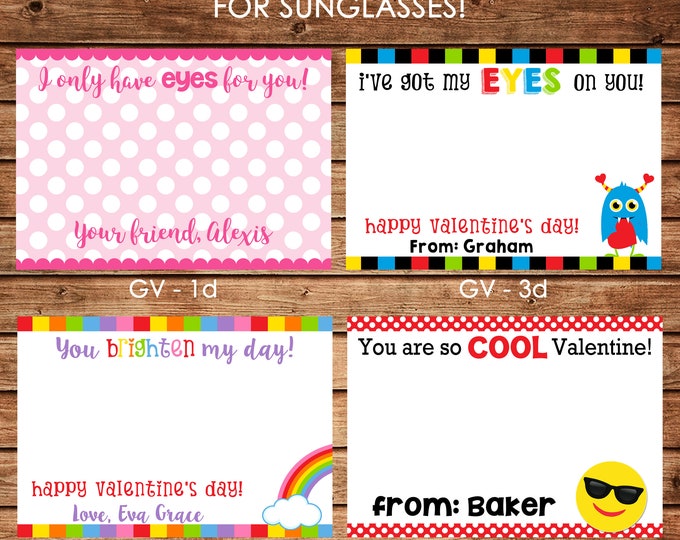 12 Printed Boy and Girl Valentine Cards, Valentine Stickers, Sunglasses, Glasses