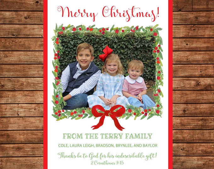 Christmas Holiday Photo Card Watercolor Wreath Greenery - Can Personalize - Printable File