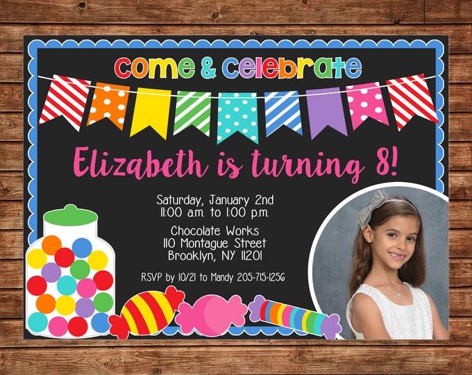 Girl Photo Invitation Candy Sweet Shop Birthday Party - Can personalize colors /wording - Printable File or Printed Cards