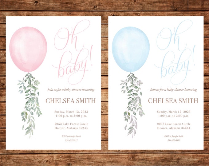Boy or Girl Invitation Oh baby blue or pink balloon - Can personalize colors /wording - Printable File or Printed Cards