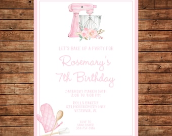 Girl Invitation Watercolor Baking Cooking Bake Birthday Party - Can personalize colors /wording - Printable File or Printed Cards