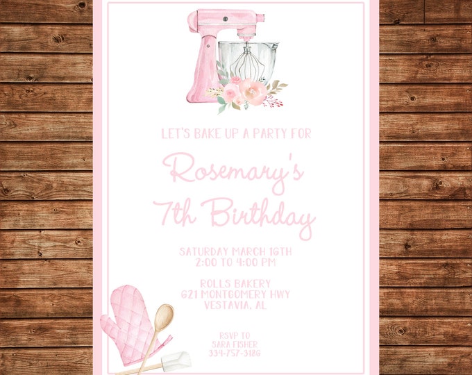 Girl Invitation Watercolor Baking Cooking Bake Birthday Party - Can personalize colors /wording - Printable File or Printed Cards