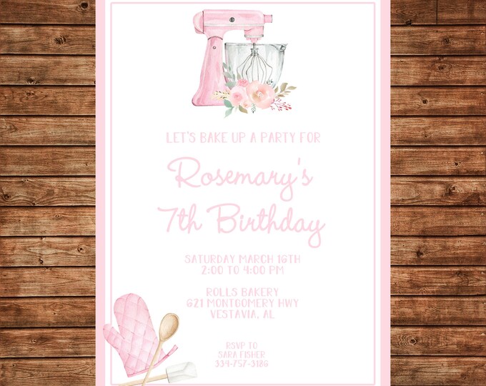 Girl Invitation Watercolor Baking Cooking Bake Birthday Party - Can personalize colors /wording - Printable File or Printed Cards