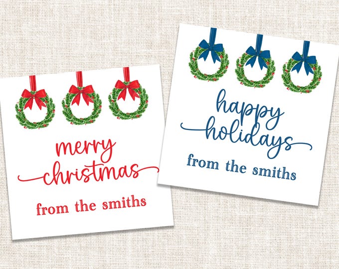 Personalized Christmas Gift Tags, Christmas Enclosure Cards, Christmas Gift Stickers, Watercolor Christmas Wreath