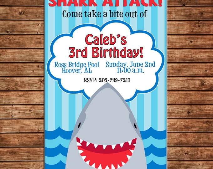 Boy or Girl Invitation Shark Pool Beach Birthday Party - Can personalize colors /wording - Printable File or Printed Cards