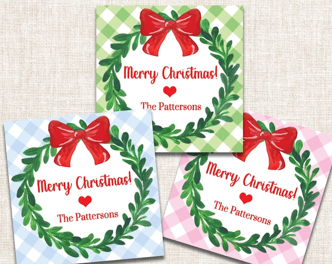 Personalized Christmas Gift Tags, Christmas Enclosure Cards, Christmas Gift Stickers, Watercolor Christmas Wreath