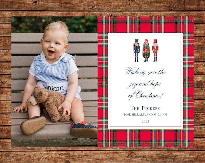 Christmas Holiday Photo Card Tartan Plaid Wreath Nutcracker - Can Personalize - Printable File