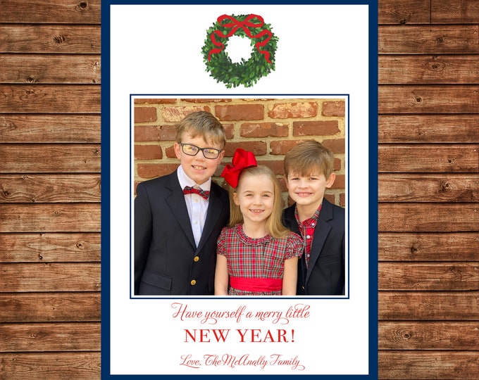 Christmas Holiday Photo Card Watercolor Boxwood Wreath - Can Personalize - Printable File