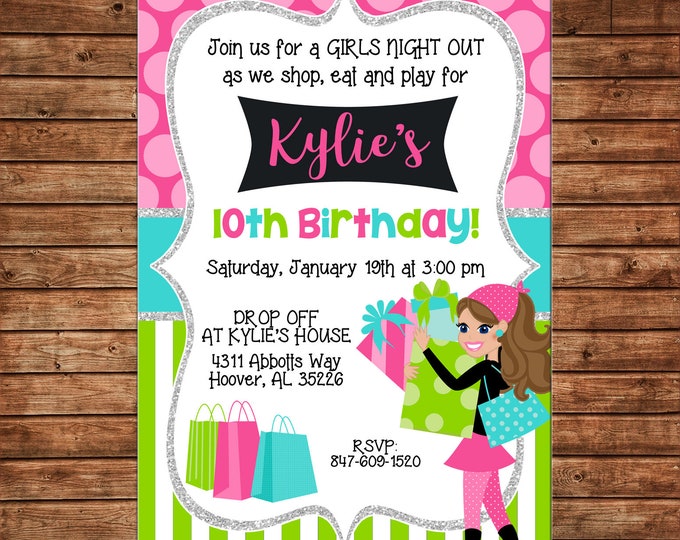 Girl Invitation Shopping Spree Girls Night Out Birthday Party - Can personalize colors /wording - Printable File or Printed Cards