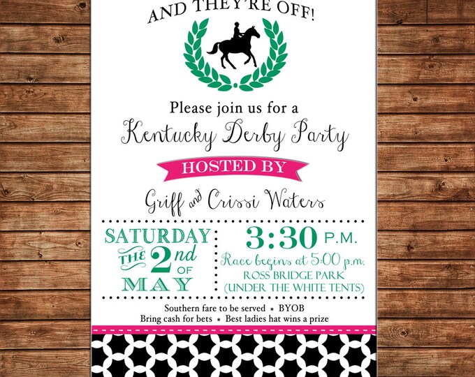 Invitation Derby Horse Roses Shower Birthday Party - Can personalize colors /wording - Printable File or Printed Cards