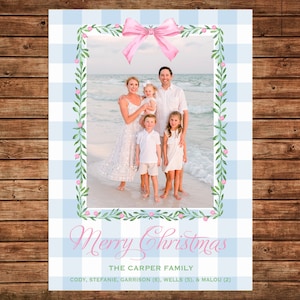 Christmas Holiday Photo Card Pink Blue Watercolor Wreath - Can Personalize - Printable File