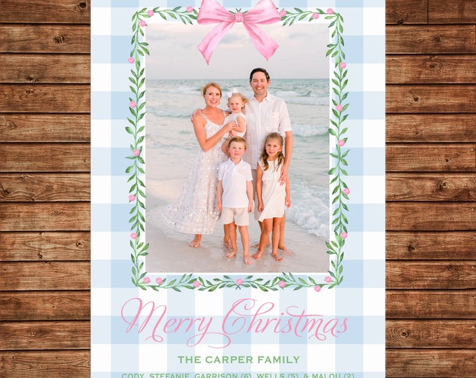 Christmas Holiday Photo Card Pink Blue Watercolor Wreath - Can Personalize - Printable File