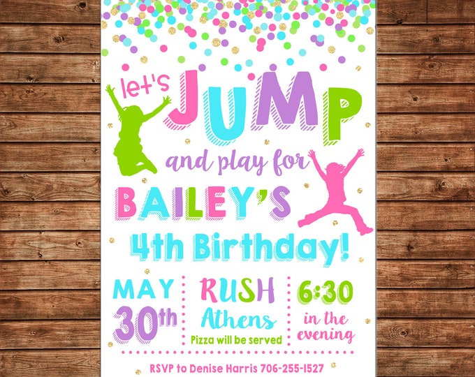 Girl Invitation Trampoline Bounce House Inflatable Birthday Party - Can personalize colors /wording - Printable File or Printed Cards