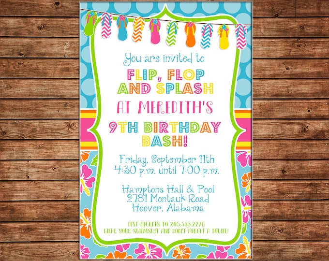 Girl Invitation Luau Hawaiian Print Flip Flops Birthday Party - Can personalize colors /wording - Printable File or Printed Cards